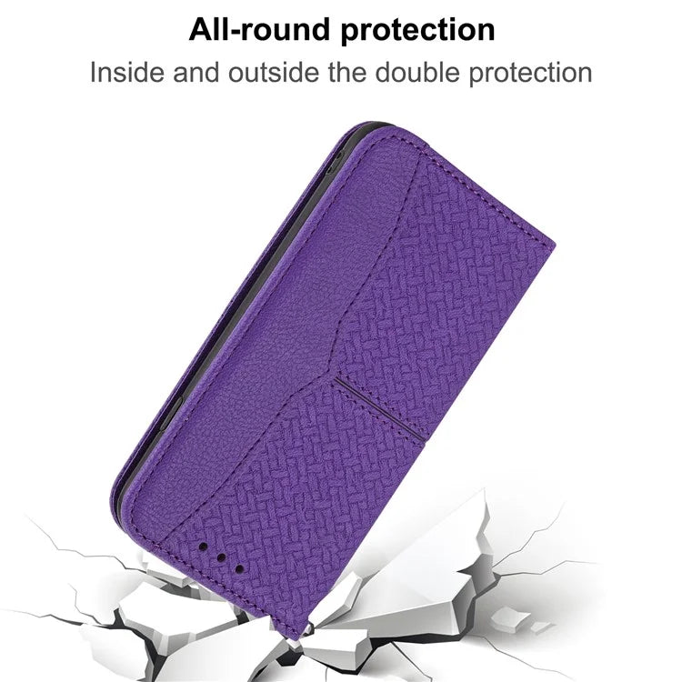 For Samsung Galaxy A25 5G (Global) (161.0 x 76.5 x 8.3mm) Case Woven Texture PU Leather Stand Phone Wallet Cover with Strap