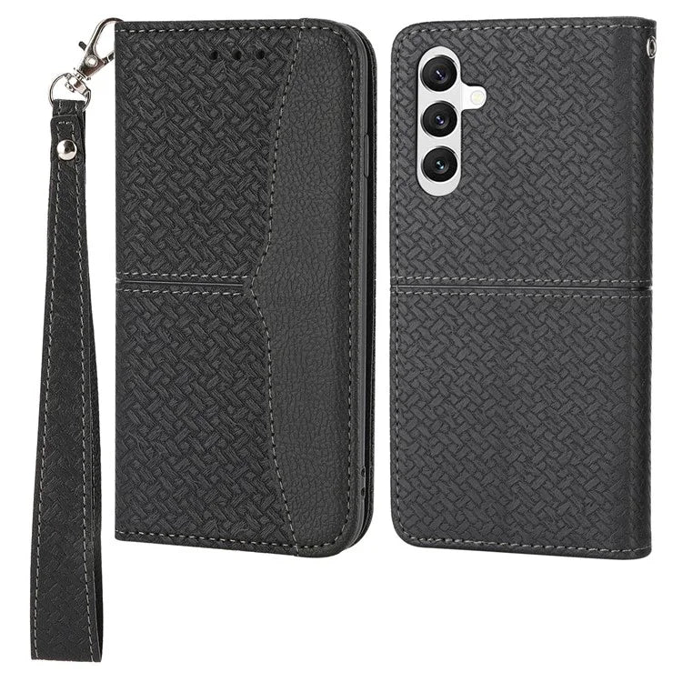 For Samsung Galaxy A25 5G (Global) (161.0 x 76.5 x 8.3mm) Case Woven Texture PU Leather Stand Phone Wallet Cover with Strap