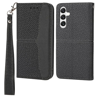 For Samsung Galaxy A25 5G (Global) (161.0 x 76.5 x 8.3mm) Case Woven Texture PU Leather Stand Phone Wallet Cover with Strap