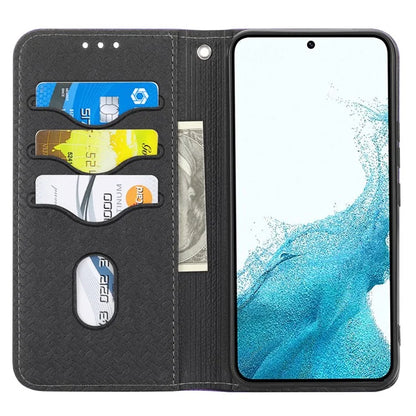 For Samsung Galaxy A25 5G (Global) (161.0 x 76.5 x 8.3mm) Case Woven Texture PU Leather Stand Phone Wallet Cover with Strap