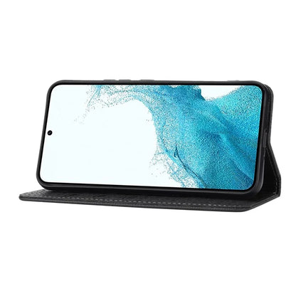 For Samsung Galaxy A25 5G (Global) (161.0 x 76.5 x 8.3mm) Case Woven Texture PU Leather Stand Phone Wallet Cover with Strap