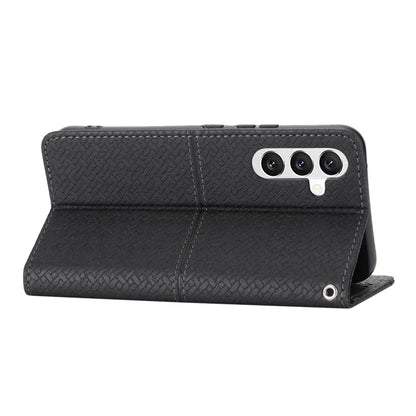 For Samsung Galaxy A25 5G (Global) (161.0 x 76.5 x 8.3mm) Case Woven Texture PU Leather Stand Phone Wallet Cover with Strap
