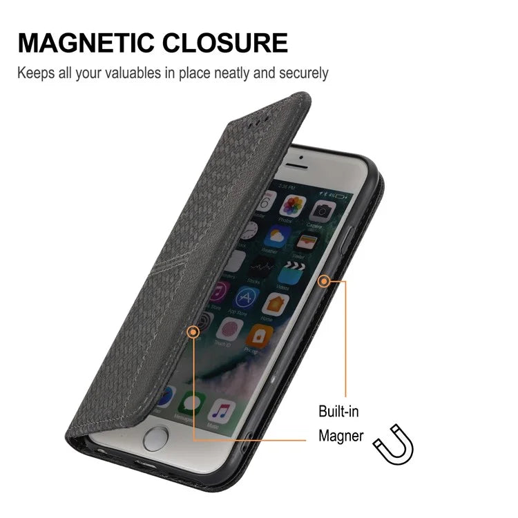 For Samsung Galaxy A25 5G (Global) (161.0 x 76.5 x 8.3mm) Case Woven Texture PU Leather Stand Phone Wallet Cover with Strap