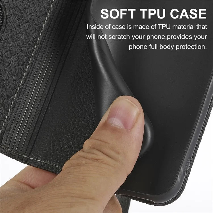 For Samsung Galaxy A25 5G (Global) (161.0 x 76.5 x 8.3mm) Case Woven Texture PU Leather Stand Phone Wallet Cover with Strap