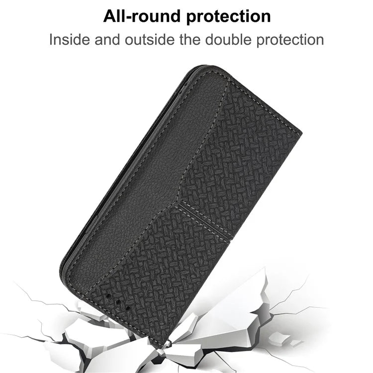 For Samsung Galaxy A25 5G (Global) (161.0 x 76.5 x 8.3mm) Case Woven Texture PU Leather Stand Phone Wallet Cover with Strap