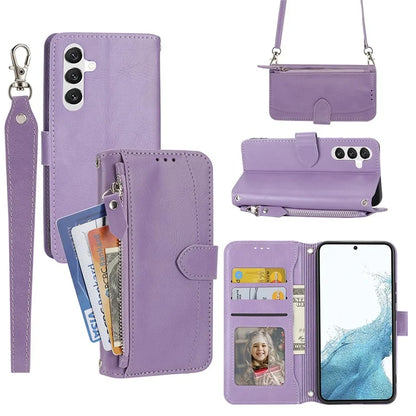 For Samsung Galaxy A25 5G (Global) (161.0 x 76.5 x 8.3mm) Case Zipper Pocket Anti-fall Leather Stand Phone Shell with 2 Straps