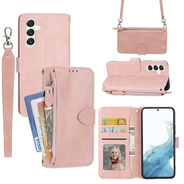 For Samsung Galaxy A25 5G (Global) (161.0 x 76.5 x 8.3mm) Case Zipper Pocket Anti-fall Leather Stand Phone Shell with 2 Straps