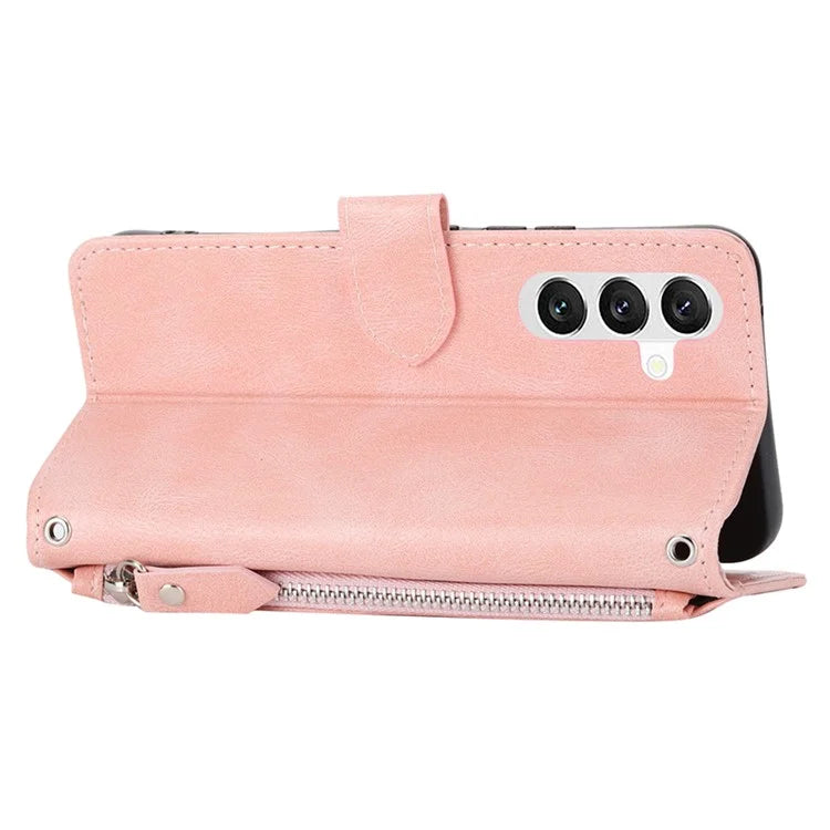 For Samsung Galaxy A25 5G (Global) (161.0 x 76.5 x 8.3mm) Case Zipper Pocket Anti-fall Leather Stand Phone Shell with 2 Straps