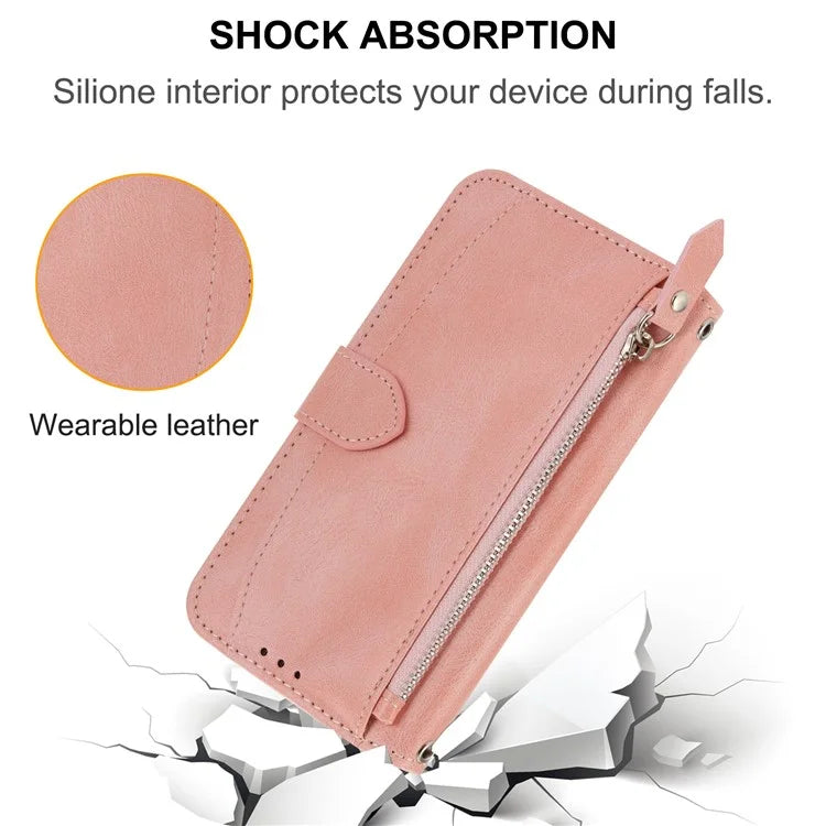 For Samsung Galaxy A25 5G (Global) (161.0 x 76.5 x 8.3mm) Case Zipper Pocket Anti-fall Leather Stand Phone Shell with 2 Straps