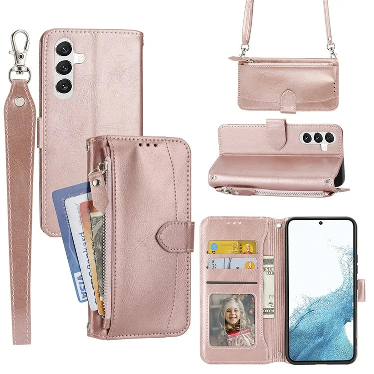 For Samsung Galaxy A25 5G (Global) (161.0 x 76.5 x 8.3mm) Case Zipper Pocket Anti-fall Leather Stand Phone Shell with 2 Straps