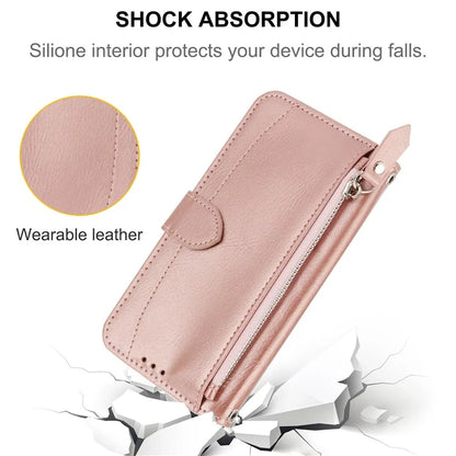 For Samsung Galaxy A25 5G (Global) (161.0 x 76.5 x 8.3mm) Case Zipper Pocket Anti-fall Leather Stand Phone Shell with 2 Straps