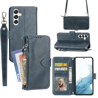 For Samsung Galaxy A25 5G (Global) (161.0 x 76.5 x 8.3mm) Case Zipper Pocket Anti-fall Leather Stand Phone Shell with 2 Straps