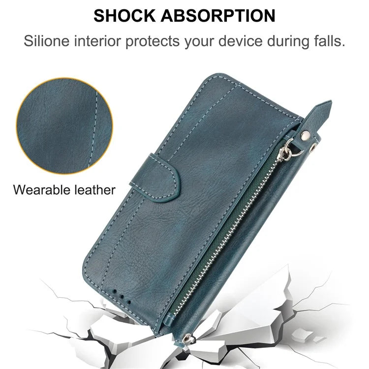 For Samsung Galaxy A25 5G (Global) (161.0 x 76.5 x 8.3mm) Case Zipper Pocket Anti-fall Leather Stand Phone Shell with 2 Straps