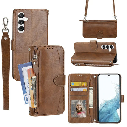For Samsung Galaxy A25 5G (Global) (161.0 x 76.5 x 8.3mm) Case Zipper Pocket Anti-fall Leather Stand Phone Shell with 2 Straps