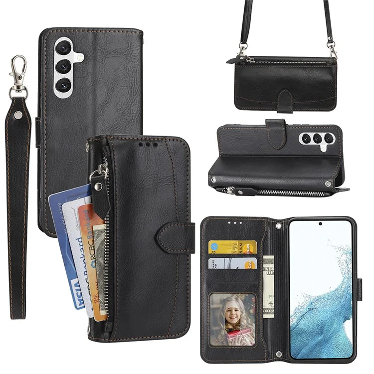 For Samsung Galaxy A25 5G (Global) (161.0 x 76.5 x 8.3mm) Case Zipper Pocket Anti-fall Leather Stand Phone Shell with 2 Straps