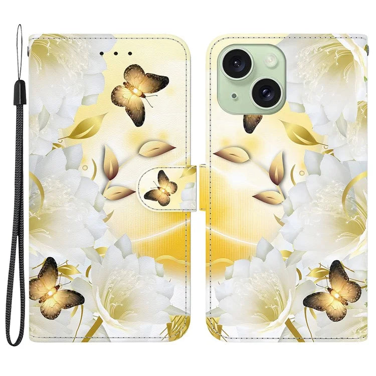 For iPhone 15 PU Leather Case Pattern Wallet Folio Phone Cover