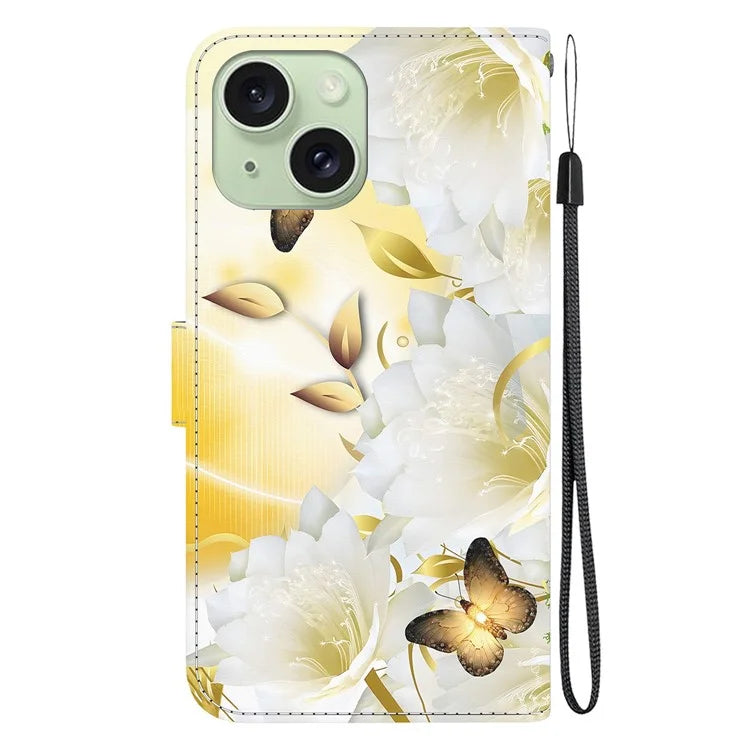 For iPhone 15 PU Leather Case Pattern Wallet Folio Phone Cover