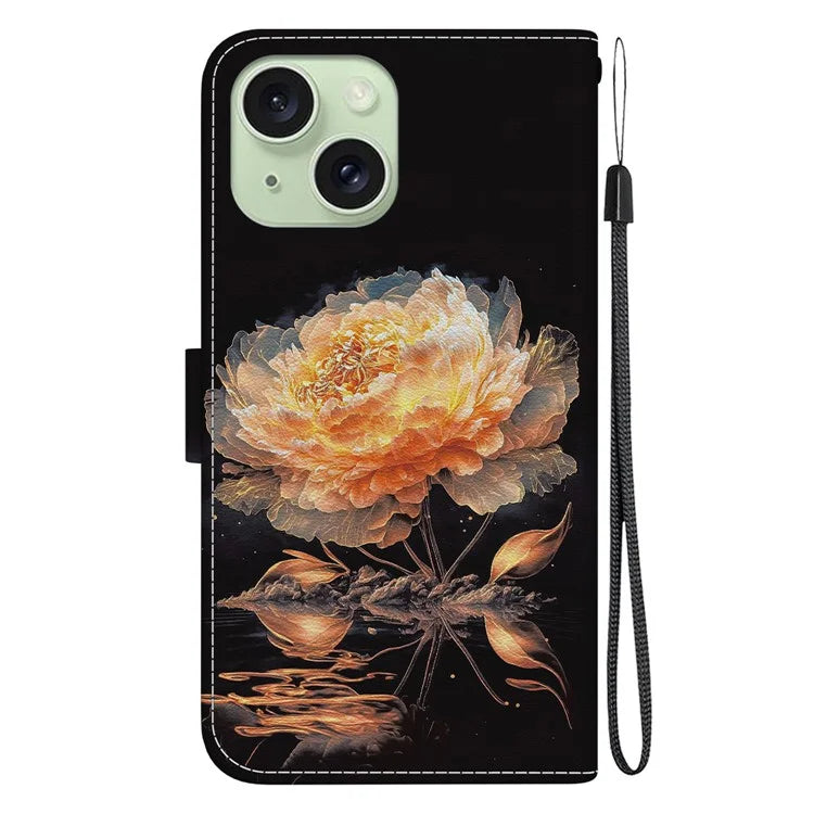 For iPhone 15 PU Leather Case Pattern Wallet Folio Phone Cover