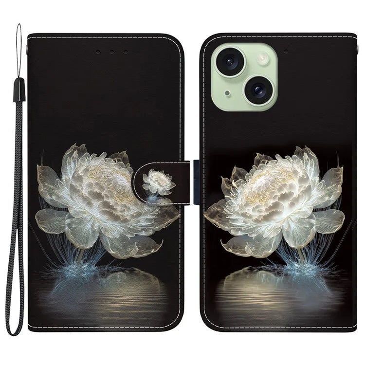 For iPhone 15 PU Leather Case Pattern Wallet Folio Phone Cover