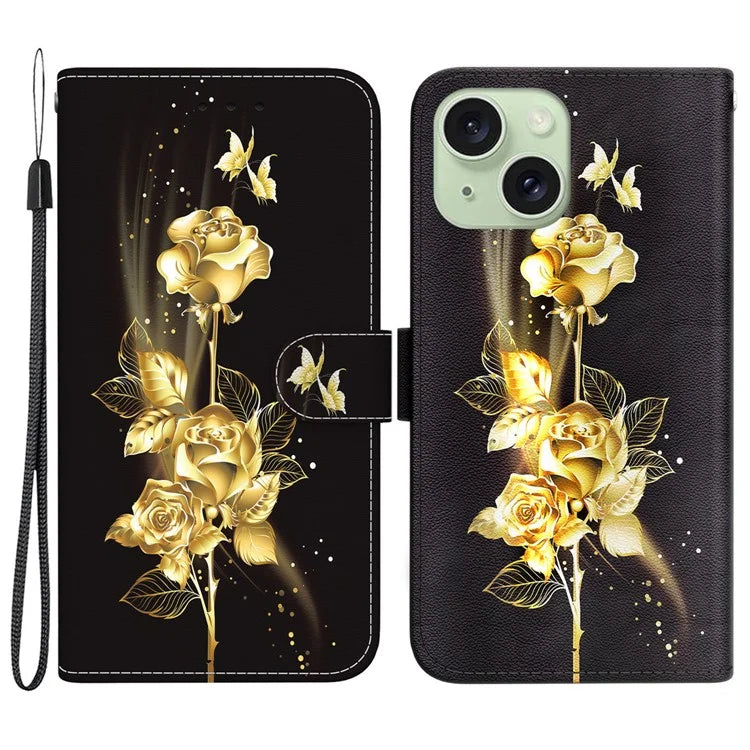 For iPhone 15 PU Leather Case Pattern Wallet Folio Phone Cover