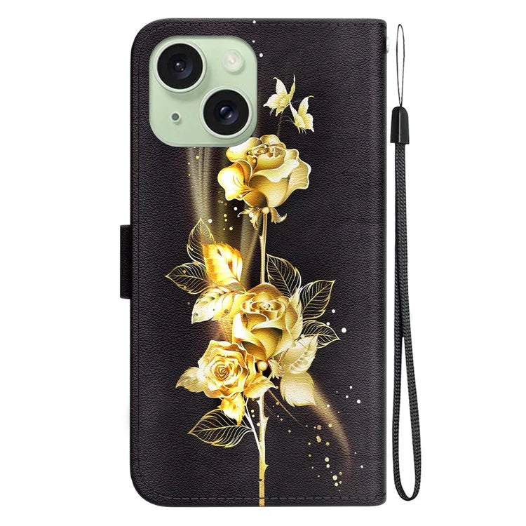 For iPhone 15 PU Leather Case Pattern Wallet Folio Phone Cover