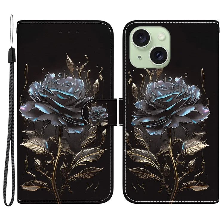For iPhone 15 PU Leather Case Pattern Wallet Folio Phone Cover