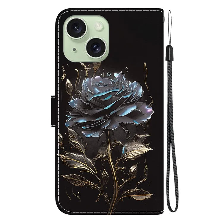 For iPhone 15 PU Leather Case Pattern Wallet Folio Phone Cover