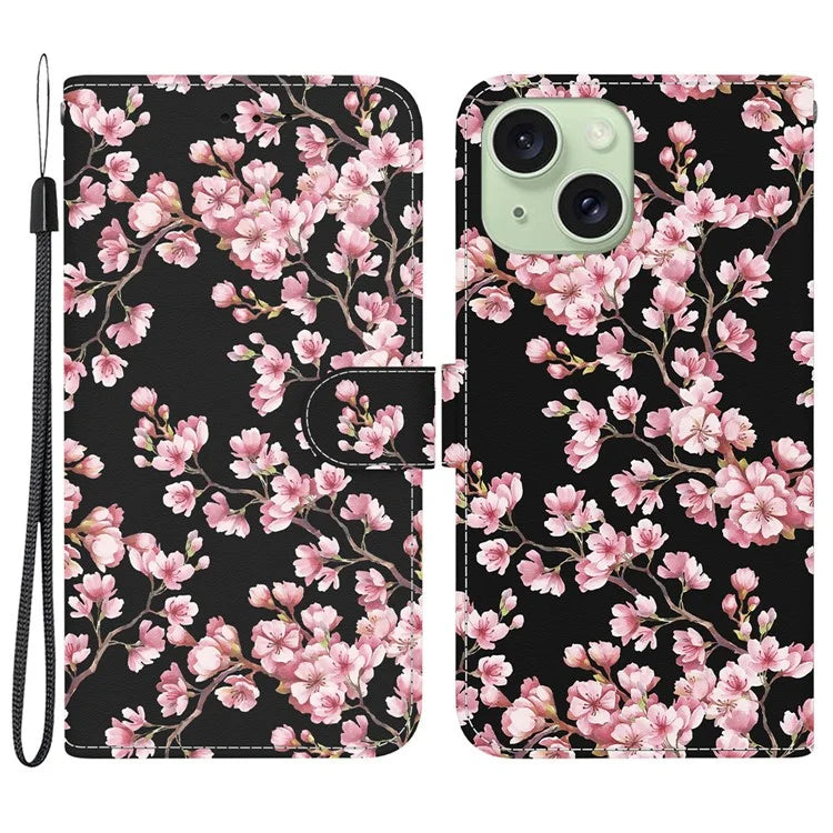 For iPhone 15 PU Leather Case Pattern Wallet Folio Phone Cover
