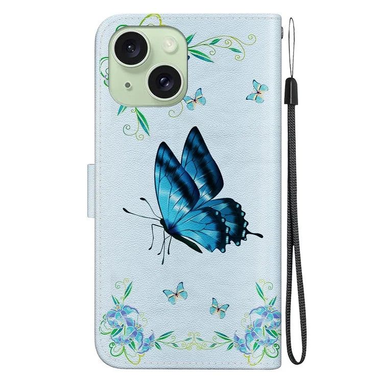 For iPhone 15 PU Leather Case Pattern Wallet Folio Phone Cover