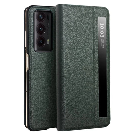 QIALINO For Honor Magic V2 5G Case Genuine Cow Leather Nappa Texture View Window Cover