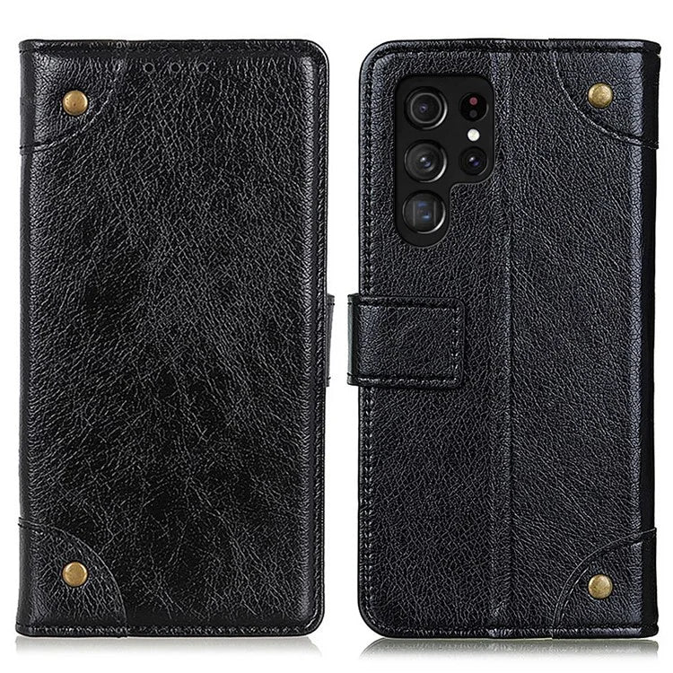 For Samsung Galaxy S24 Ultra Case Brass Button Decor Leather Wallet Cover
