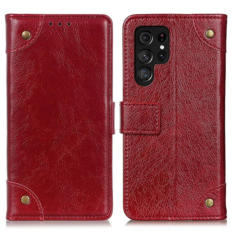 For Samsung Galaxy S24 Ultra Case Brass Button Decor Leather Wallet Cover