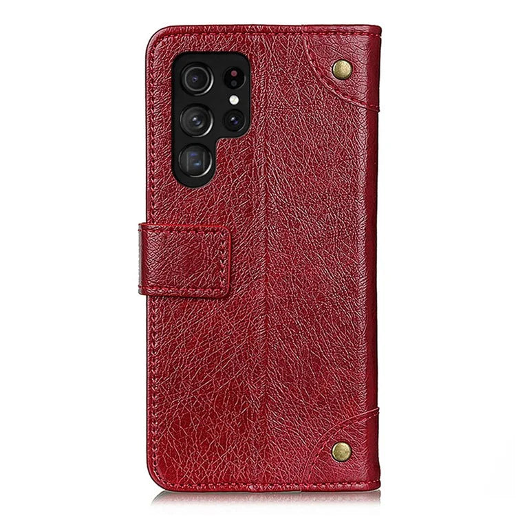 For Samsung Galaxy S24 Ultra Case Brass Button Decor Leather Wallet Cover