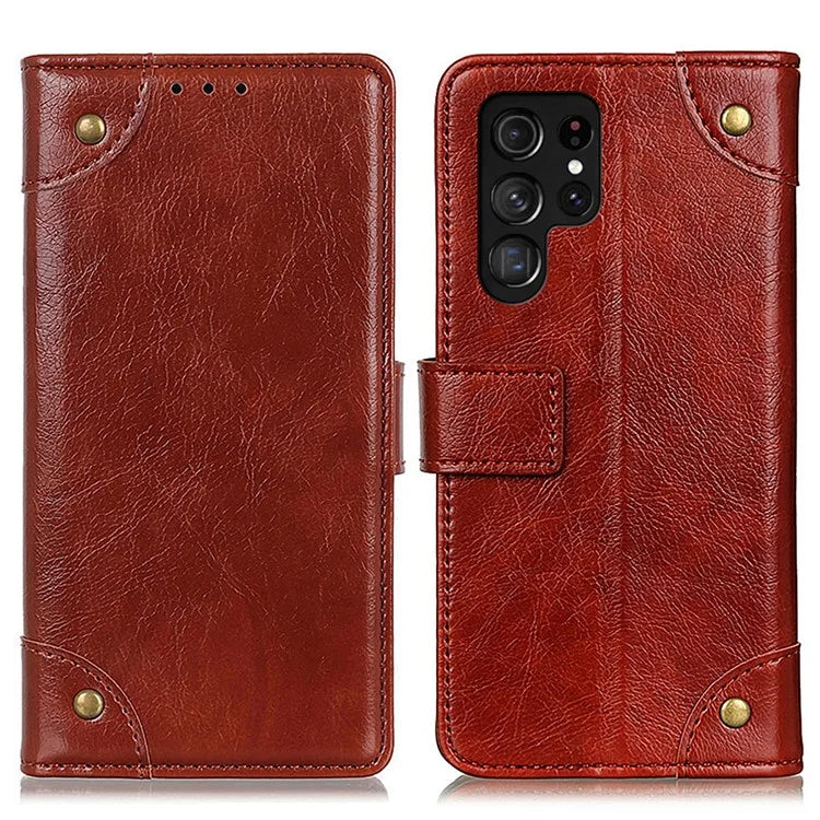 For Samsung Galaxy S24 Ultra Case Brass Button Decor Leather Wallet Cover
