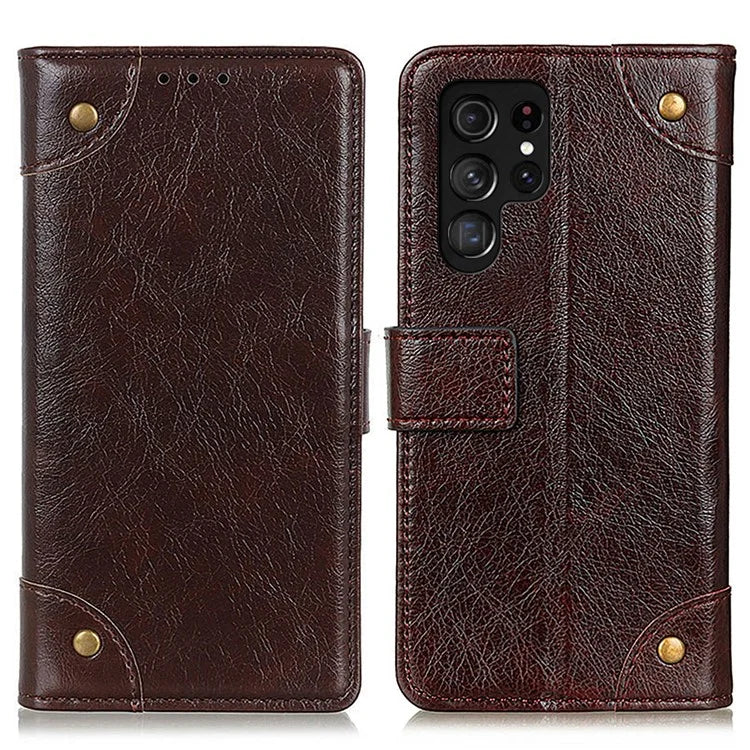 For Samsung Galaxy S24 Ultra Case Brass Button Decor Leather Wallet Cover