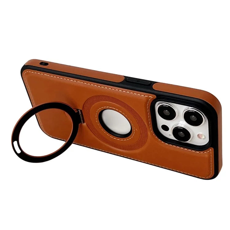 For iPhone 15 Pro Max Case Ring Kickstand PU Leather Coated TPU Magnetic Phone Cover