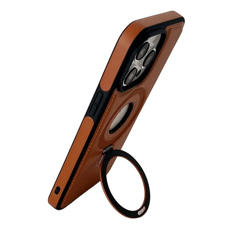 For iPhone 15 Pro Case Ring Kickstand Magnetic Shell PU Leather Coated TPU Phone Cover