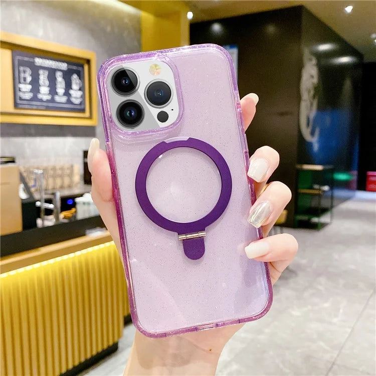For iPhone 15 Pro Case Kickstand Magnetic Shell Glitter TPU+Acrylic Phone Cover