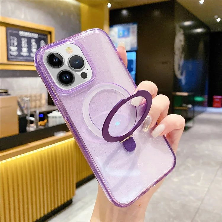 For iPhone 15 Pro Case Kickstand Magnetic Shell Glitter TPU+Acrylic Phone Cover