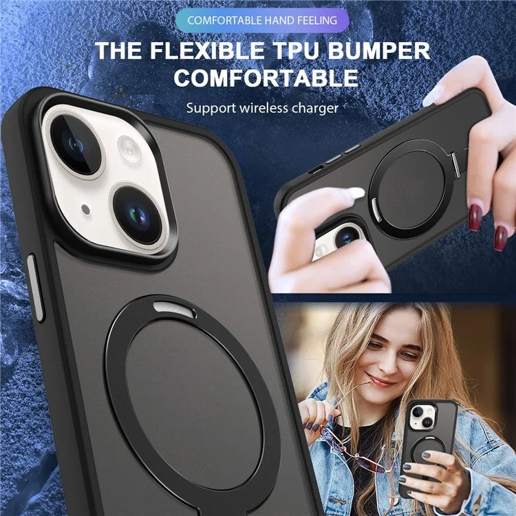 For iPhone 15 Case PC+TPU Shell Magnetic Phone Cover with Ring Kickstand