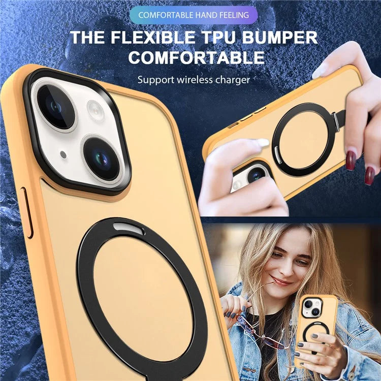 For iPhone 15 Case PC+TPU Shell Magnetic Phone Cover with Ring Kickstand