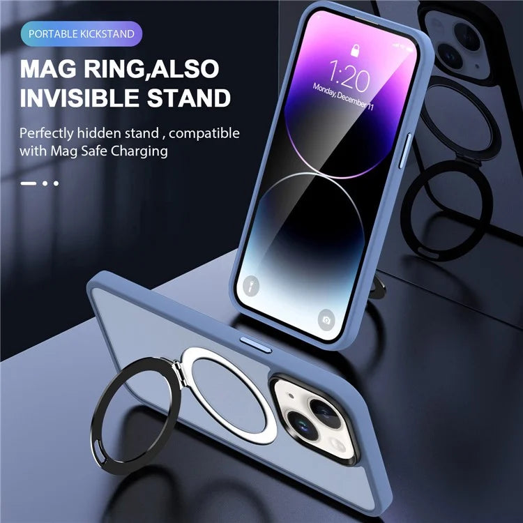 For iPhone 15 Case PC+TPU Shell Magnetic Phone Cover with Ring Kickstand