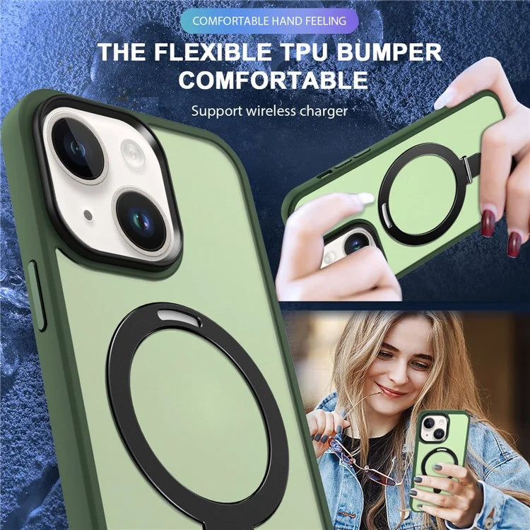 For iPhone 15 Case PC+TPU Shell Magnetic Phone Cover with Ring Kickstand
