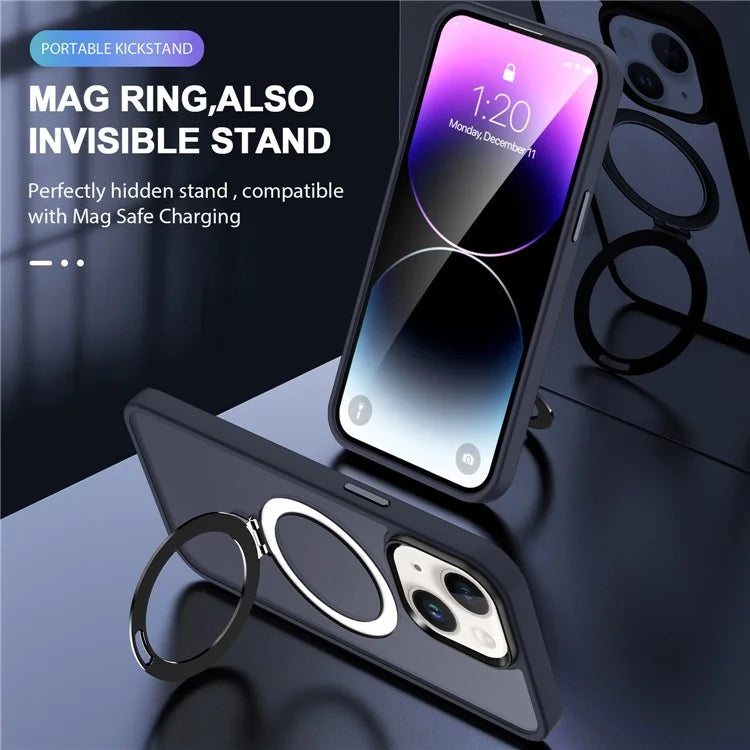 For iPhone 15 Case PC+TPU Shell Magnetic Phone Cover with Ring Kickstand