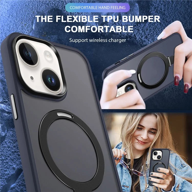 For iPhone 15 Case PC+TPU Shell Magnetic Phone Cover with Ring Kickstand