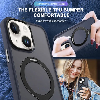 For iPhone 15 Case PC+TPU Shell Magnetic Phone Cover with Ring Kickstand