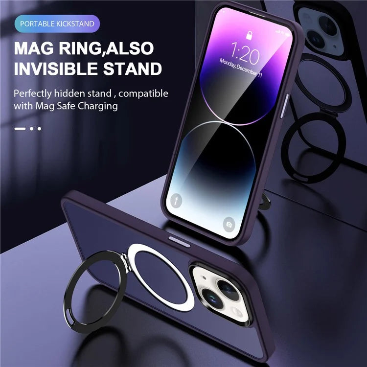 For iPhone 15 Case PC+TPU Shell Magnetic Phone Cover with Ring Kickstand