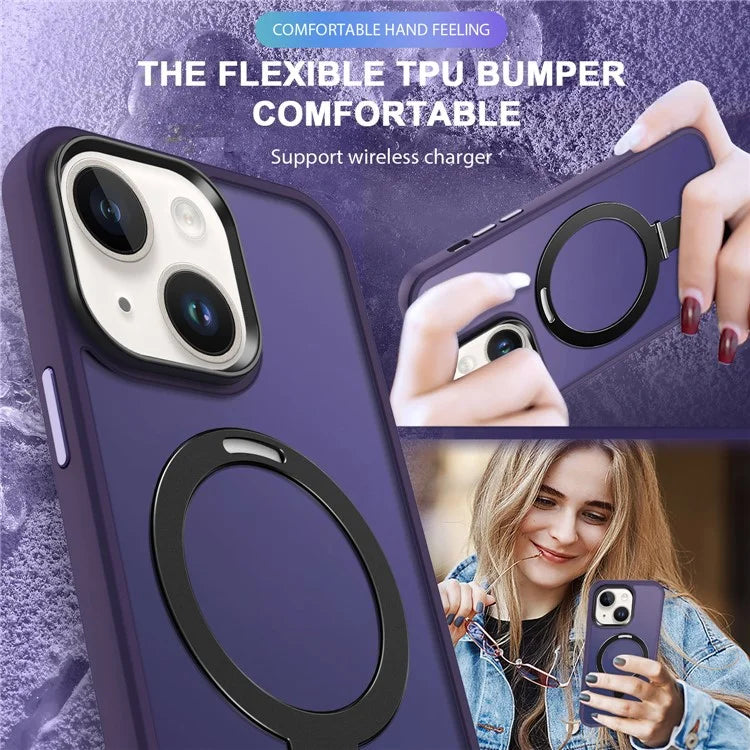 For iPhone 15 Case PC+TPU Shell Magnetic Phone Cover with Ring Kickstand