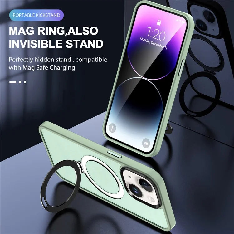 For iPhone 15 Case PC+TPU Shell Magnetic Phone Cover with Ring Kickstand
