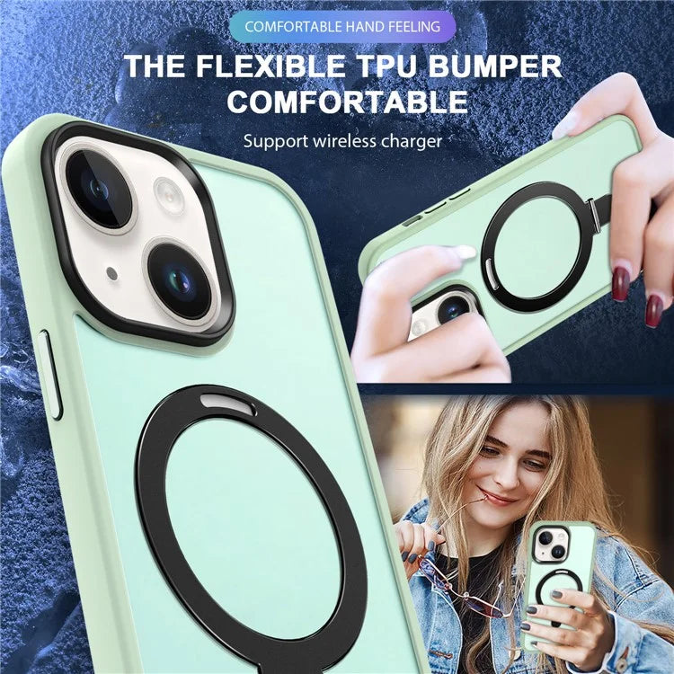 For iPhone 15 Case PC+TPU Shell Magnetic Phone Cover with Ring Kickstand